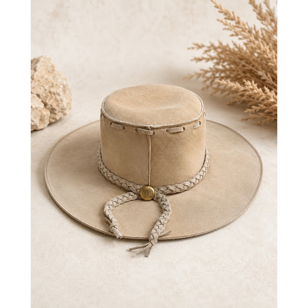 Vtg Suede Leather Western Cowboy Hat Tan Braided Band Made In‎ Mexico M